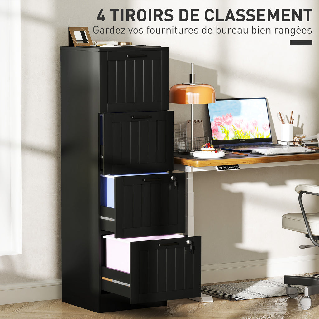 Caisson bureau, meuble rangement bois 4 tiroirs et serrure, barres de suspension réglables, 40 x 40 x 131 cm, noir