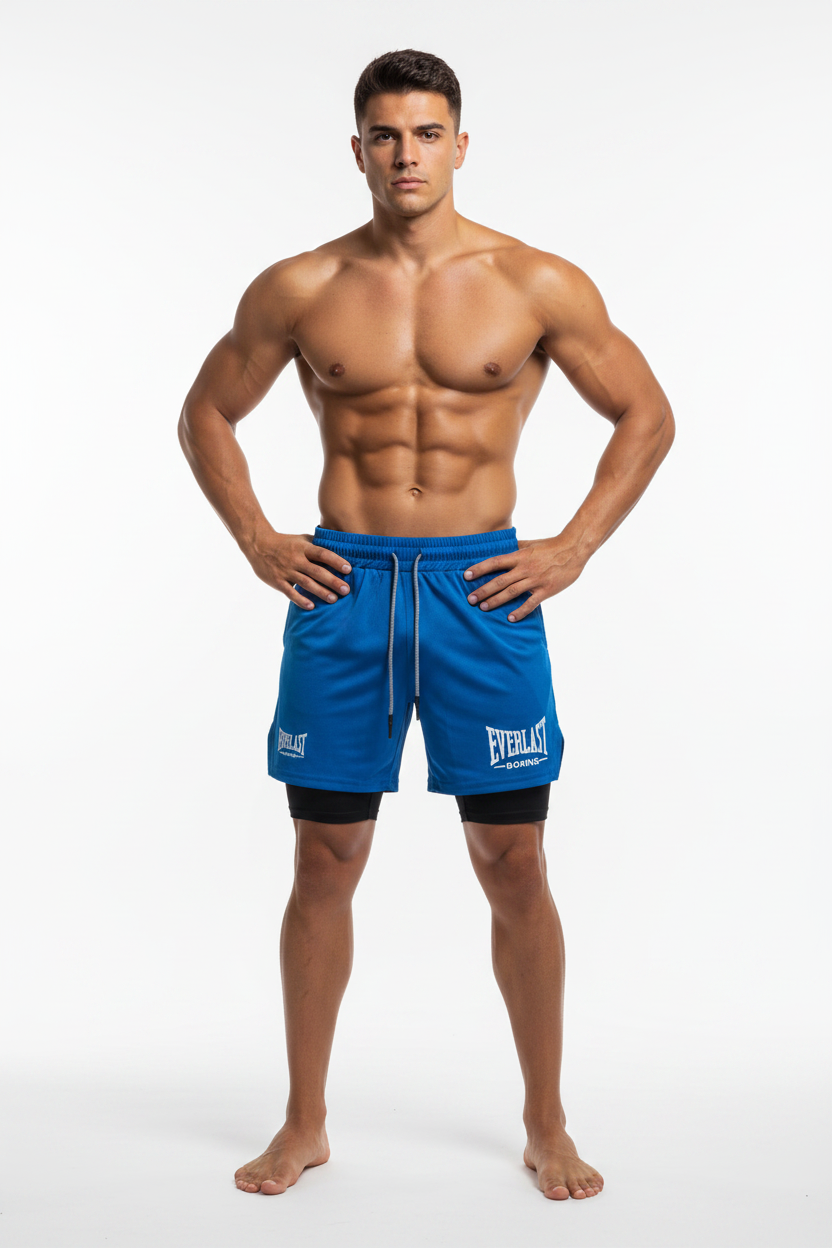 Short EVERLAST bleu porté par une vraie personne