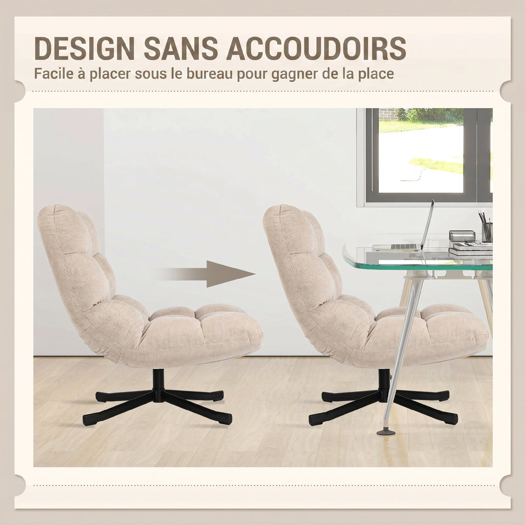 Fauteuil Salon sans Accoudoirs, Chaise Pivotante en Tissu Chenille, Assise Large, 75 x 95 x 90 cm, Crème