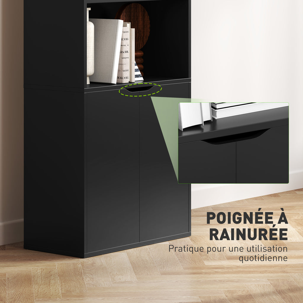 Bibliothèque Armoire à livres avec 4 compartiments ouverts et 2 portes pour le salon et le bureau 59x29x180 cm Noir