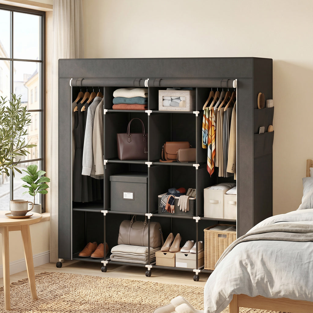 Armoire penderie en tissu, meuble de rangement mobile 10 roulettes avec 10 compartiments, barres de suspension, noir