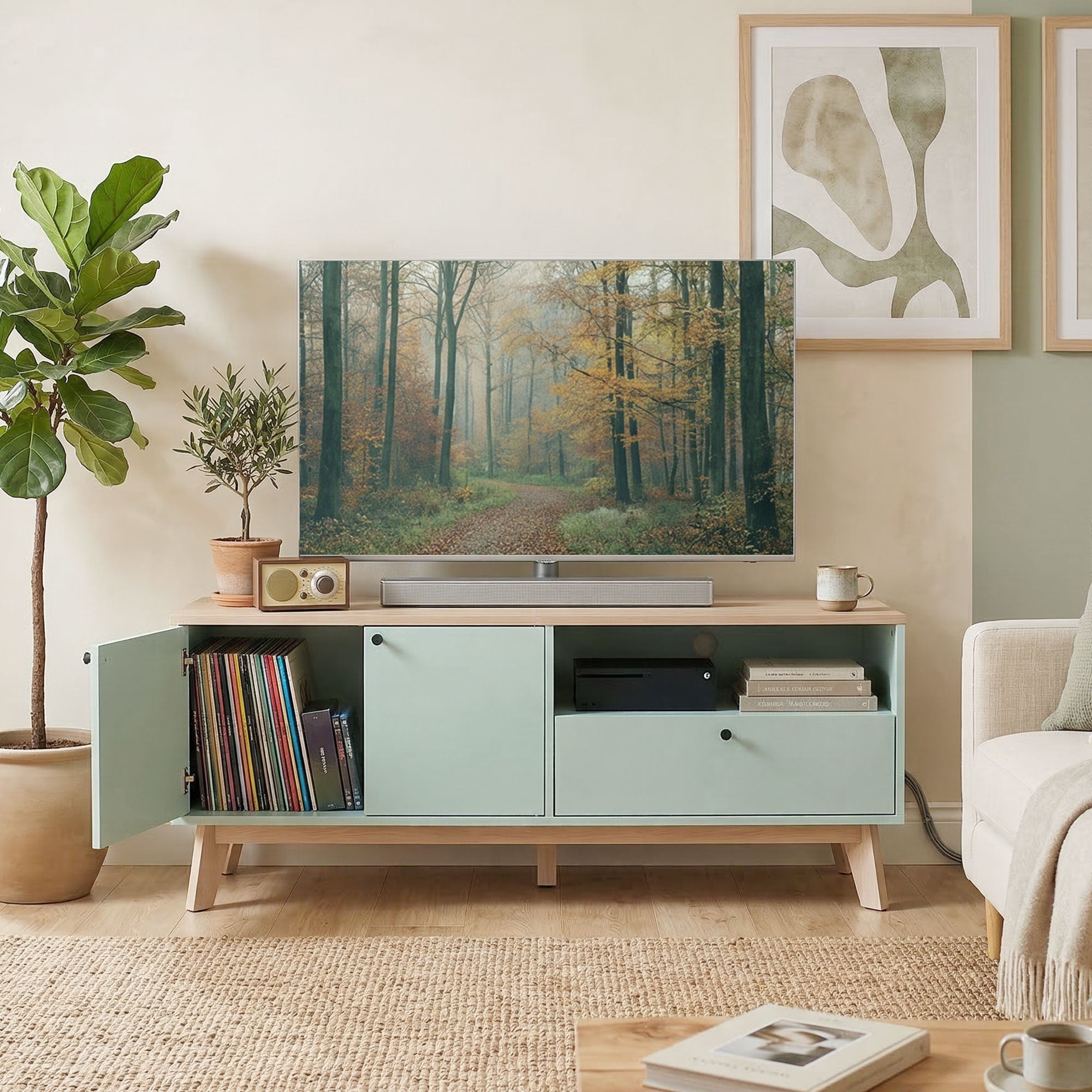 Meuble TV 120 cm, meuble télé pour téléviseur jusqu'à 36 pouces avec 2 portes, tiroir, compartiment ouvert, vert clair